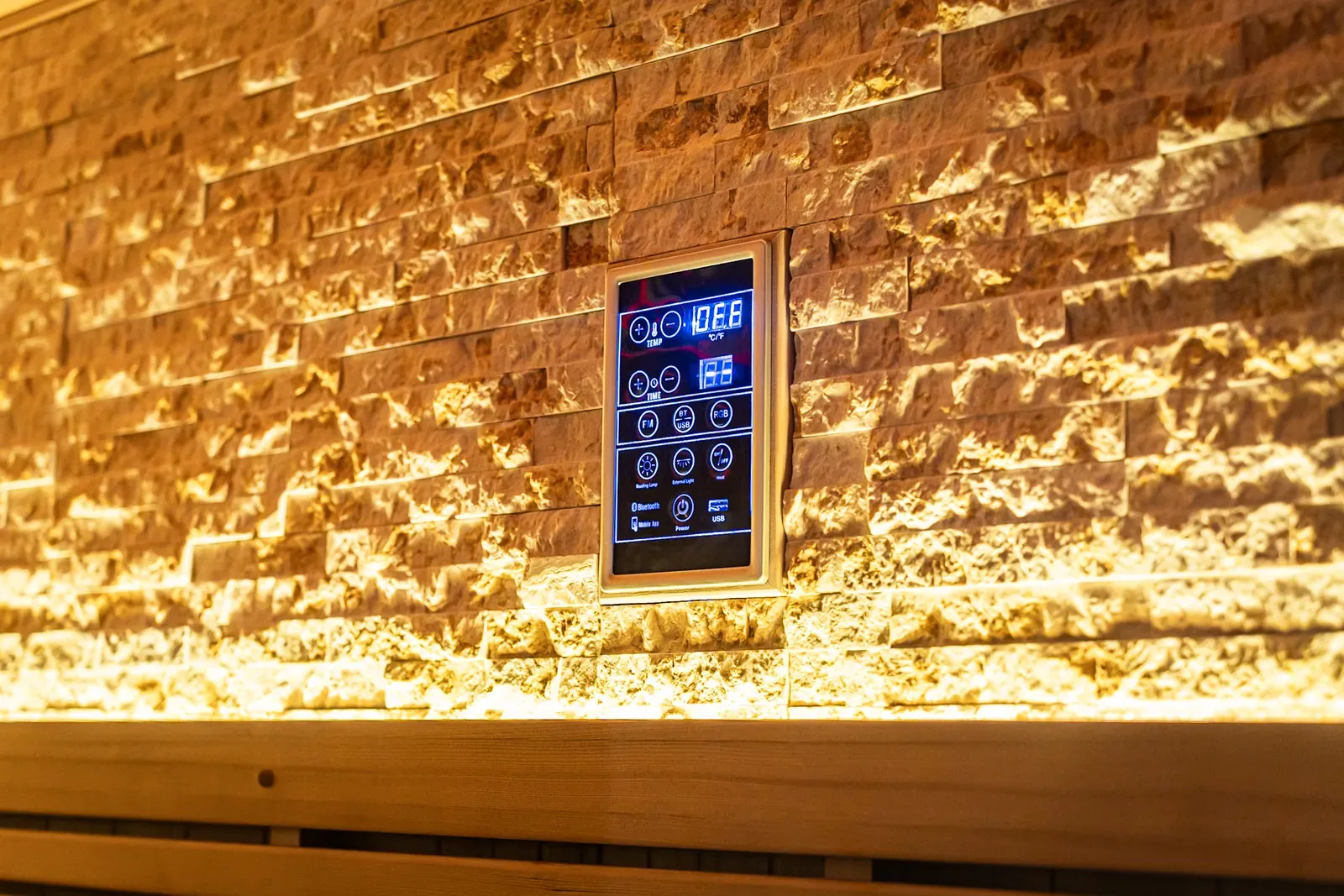Heated sauna stones glowing in the sauna suite