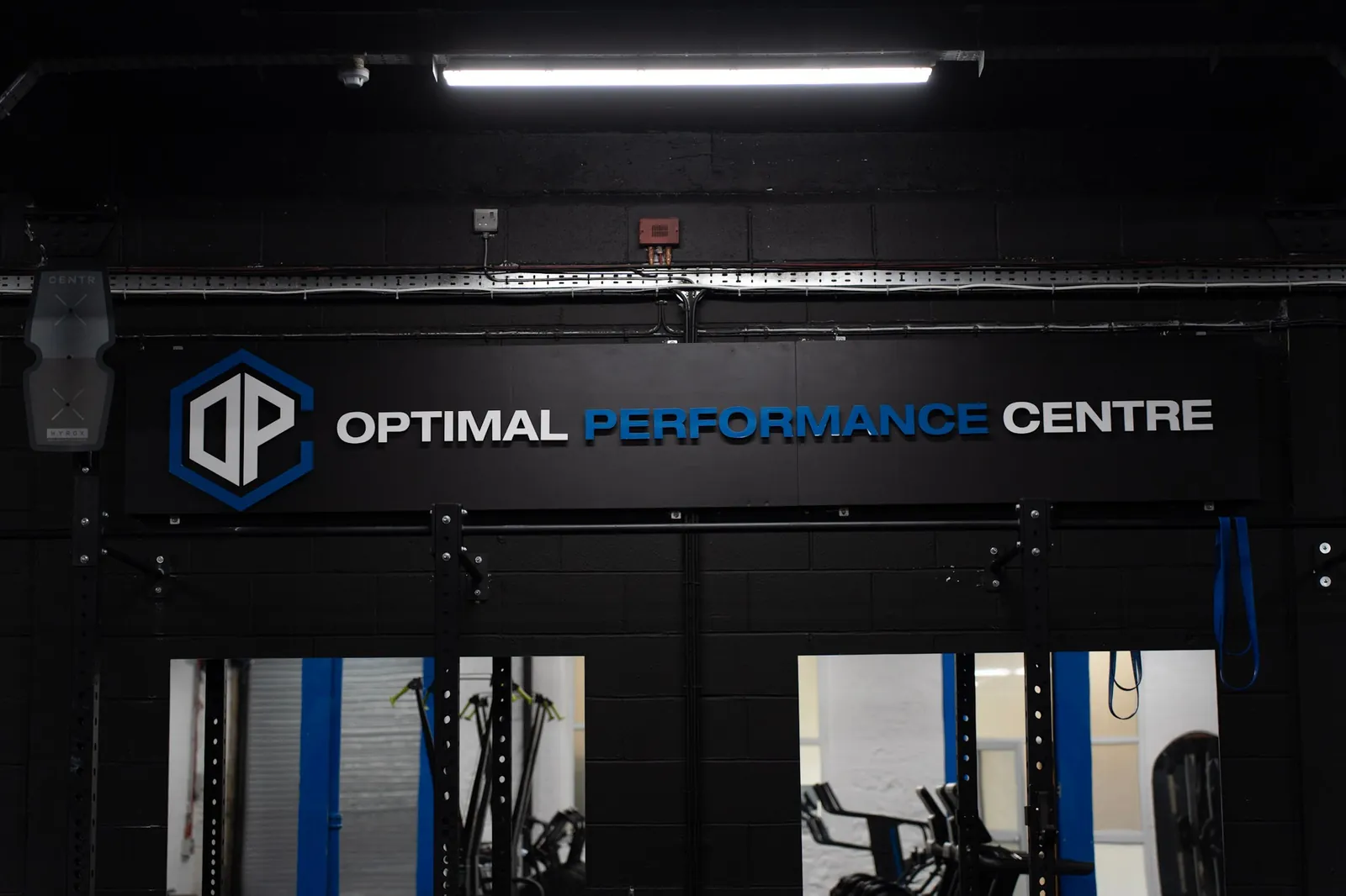 Free weights area with dumbbell racks against feature wall